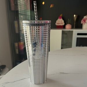 Starbucks Metallic Silver Grid Tumbler